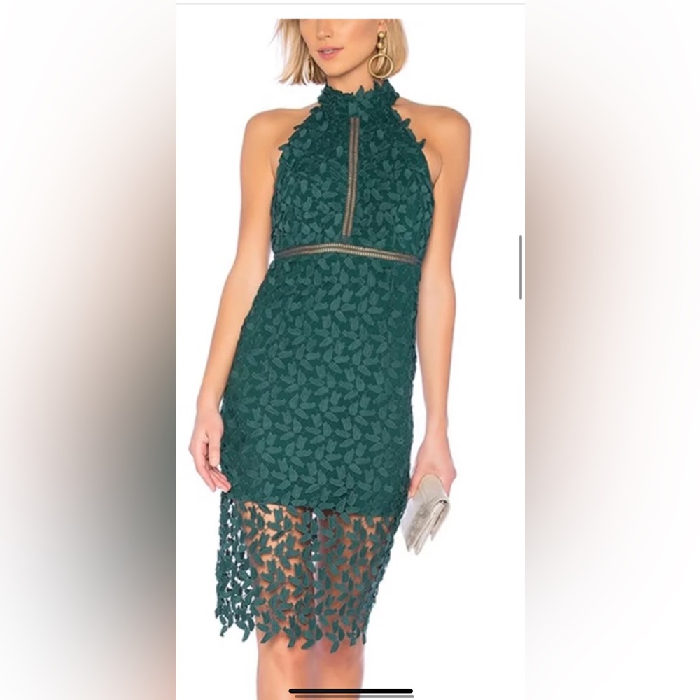 LIKE NEW BARDOT Forrest Green Gemma Halter Floral Leaf Lace Sheath Dres